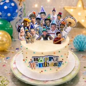 Torta de cumpleaños personalizada con collage de fotos y letrero Happy Birthday
