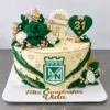 Torta temática de Atlético Nacional en verde y dorado con escudo, rosas y decoración de cumpleaños