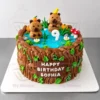 Torta temática de capibaras con estanque, bosque, hongos y decoración de cumpleaños
