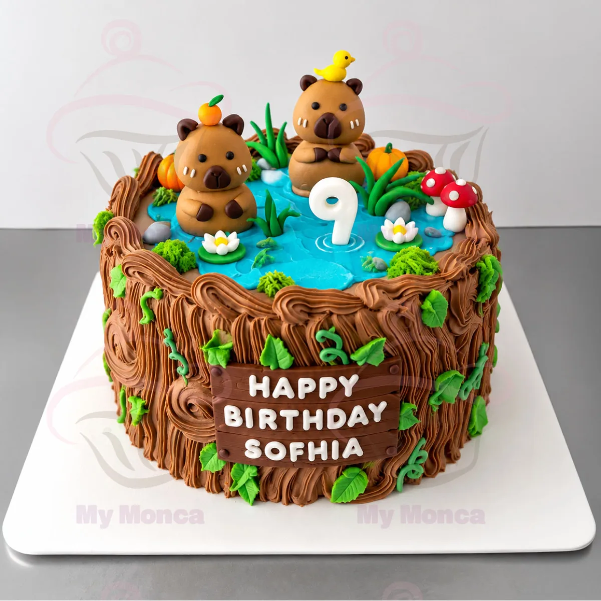 Torta de capibaras en el bosque Torta temática de capibaras con estanque, bosque, hongos y decoración de cumpleaños