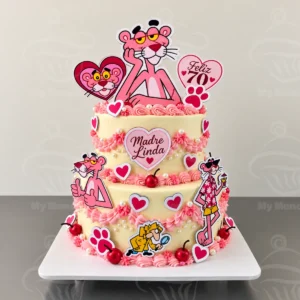 Torta de dos pisos temática de la Pantera Rosa con corazones y mensaje para mamá