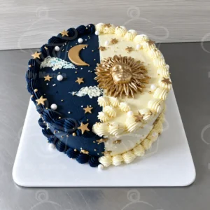Torta Sol y Luna personalizada azul blanca y dorada